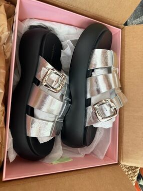 Platform Slide Sandals in Metallic Silver